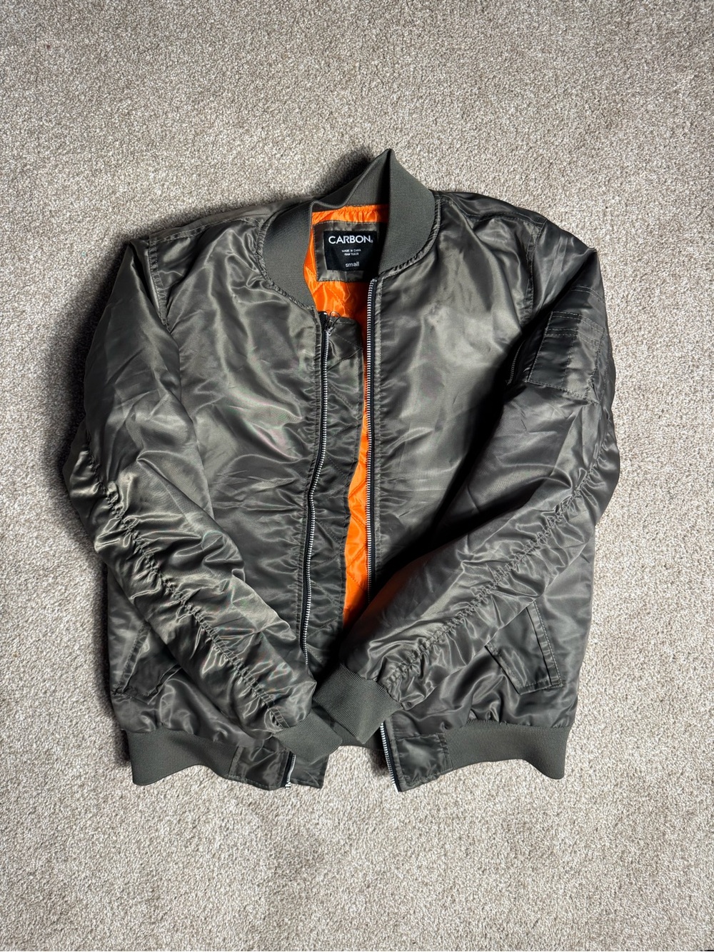 Carbon Olive Green Bomber Jacket with Orange Interior